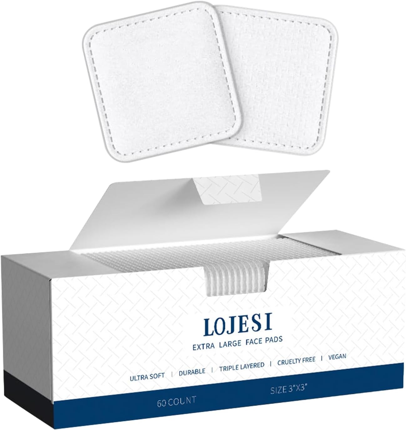 Premium Soft Cotton Makeup Remover Pads - 3" 3" Large Dual-Sided Facial Cleansing Pads, Lint-Free for Sensitive Skin & Waterproof Makeup, 60 Count