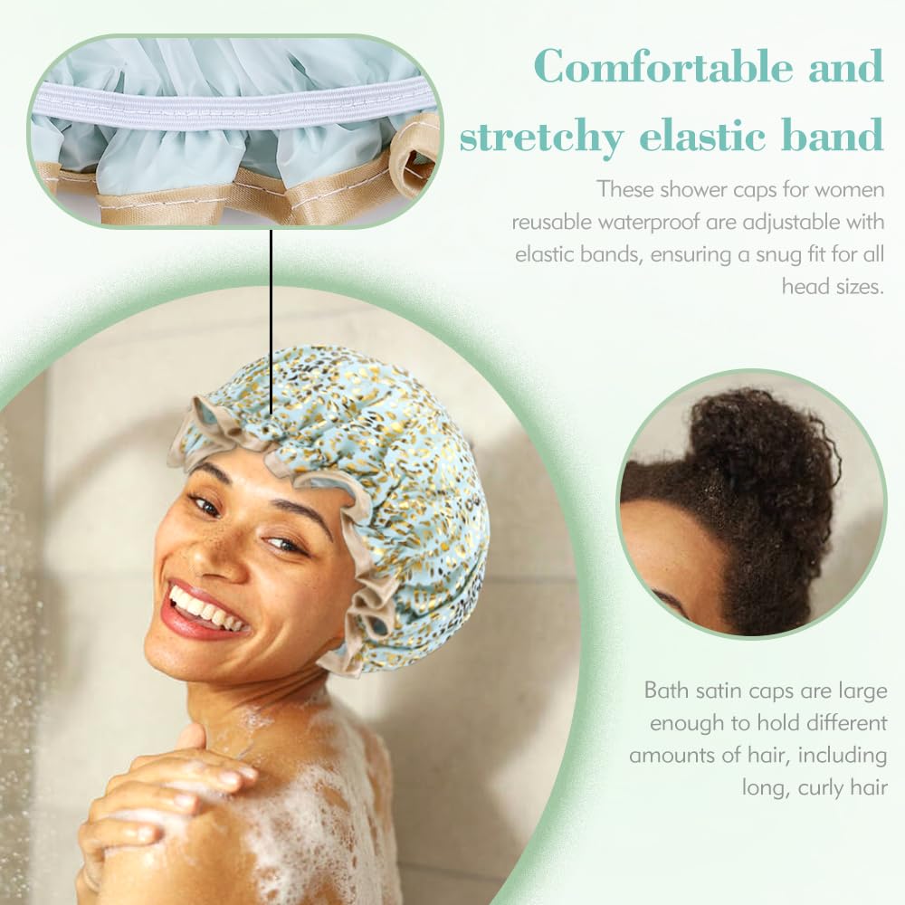 Yoosit 4 PACK Double Layer Waterproof Reusable Satin Shower Caps with Adjustable Bath Hair Caps Stretchy EVA Bathing Hats Bonnets Curly Long Braids Hair for Women Girls (pack of leopard) - Image 4