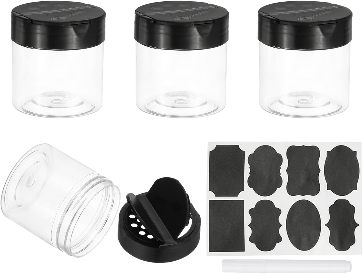 PATIKIL 4.7oz Plastic Spice Jars with Shaker Lids, 4 Pcs Refillable Empty Seasoning Containers Bottle with Label Marker Pen for Storing Spice Salt Herbs Powders Condiment, Clear