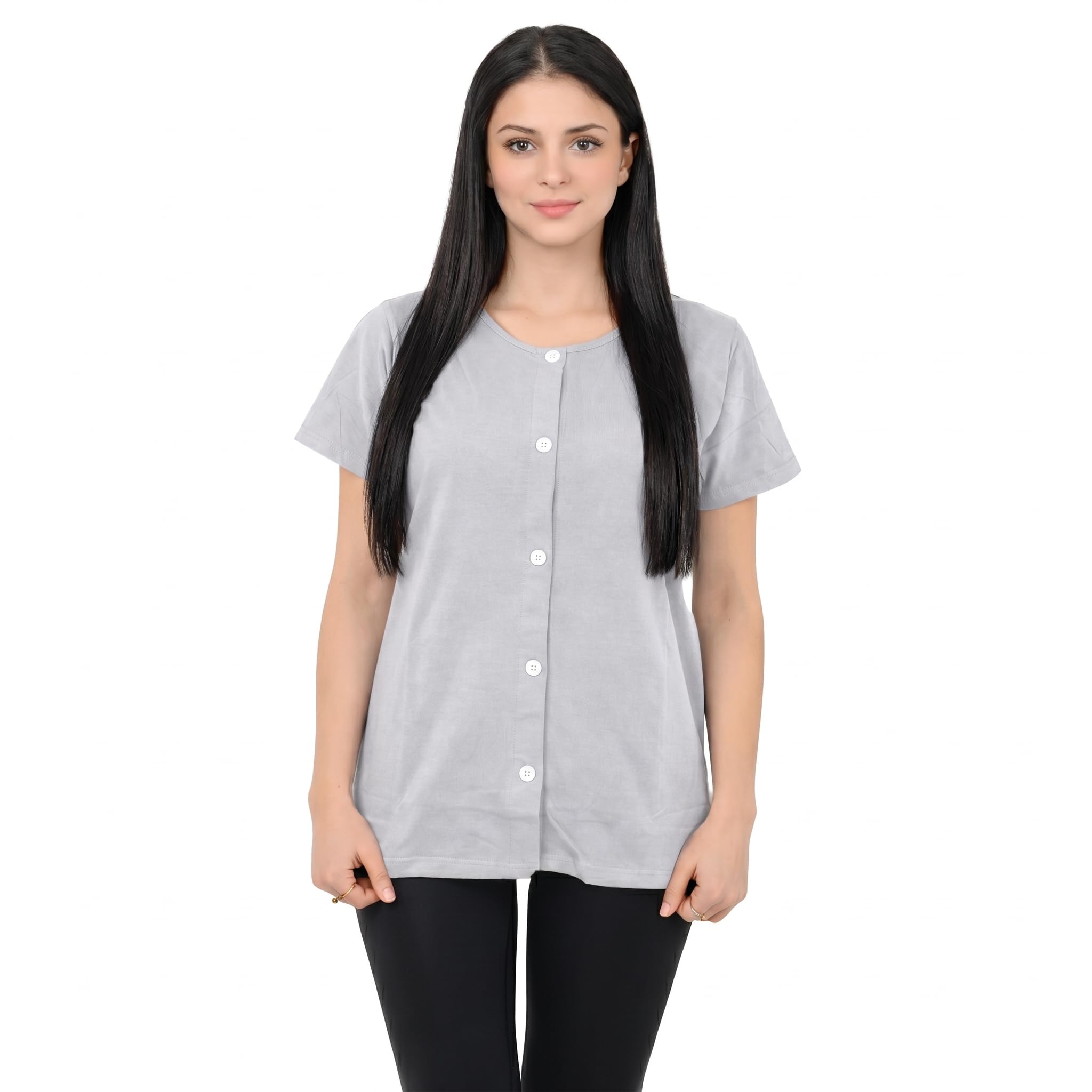 USBD Camisa de cuello redondo con bolsillos de drenaje, cómoda recuperación de mastectomía, soporte postoperatorio para mujer