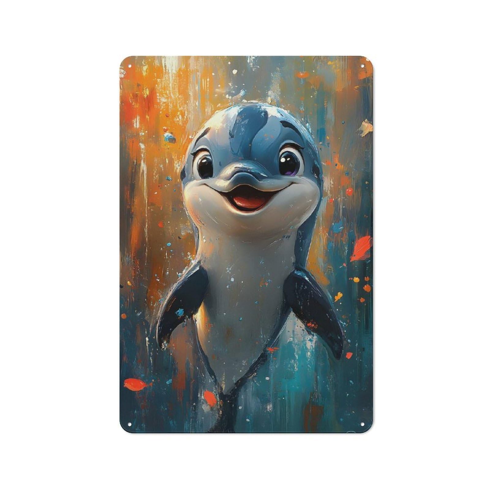 Smiling Dolphin Painting Creative Metal Wall Decor 30x20cm, Metal Desk Wall Sign for Hobby Room, Office, Lounge Or Living Room