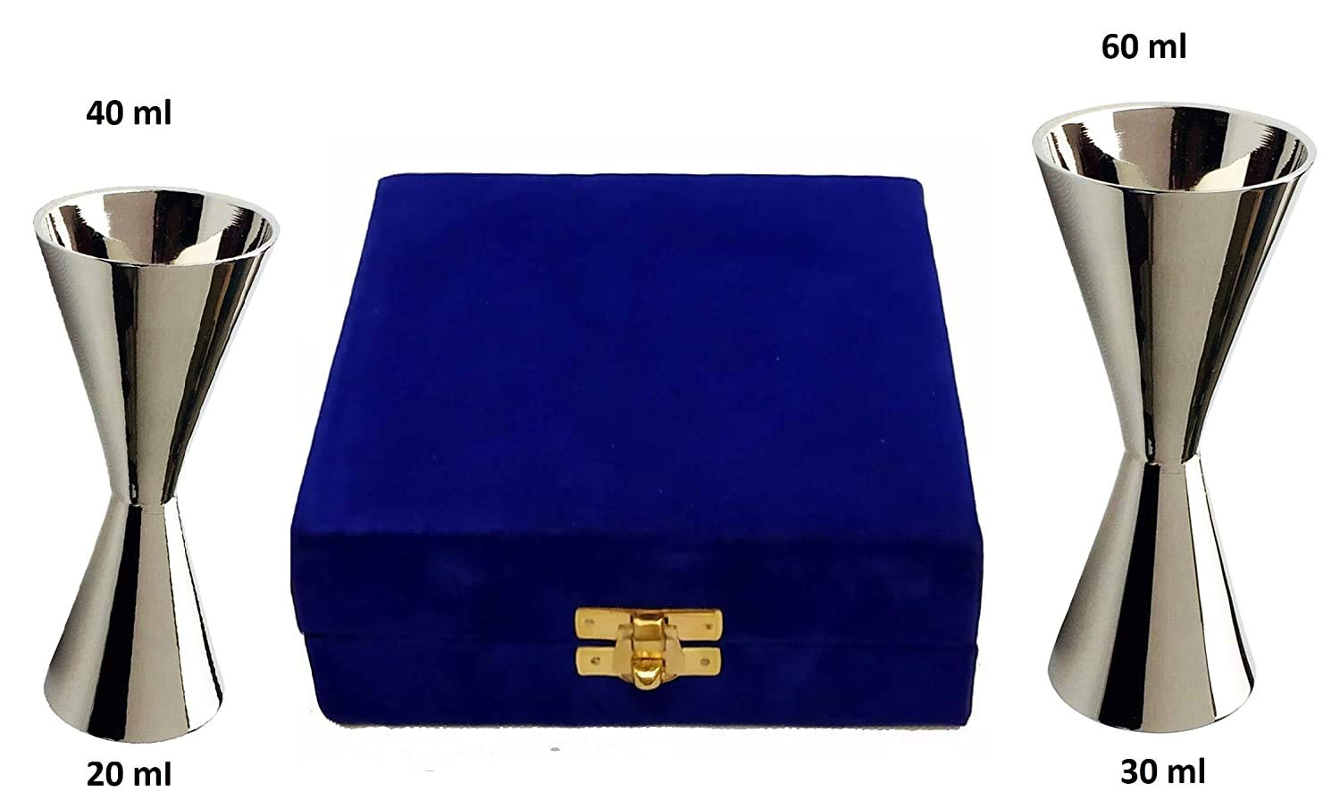 Akanksha Arts Pair of Peg Measure - Made of Brass, Silver Plating in Chrome Finish - 20,30,40,60 ml, with Decorative Box 1