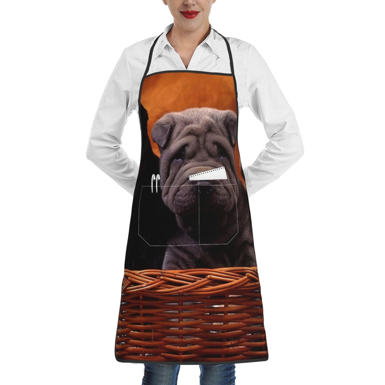 Tcoay Unisex As Picture Shar Pei Black Puppy Small Dogs Gray Puppy Pets, Adjustable Cooking Apron With Pockets,Kitchen Aprons Waterproof Chef Apron Adjustable Bib Aprons
