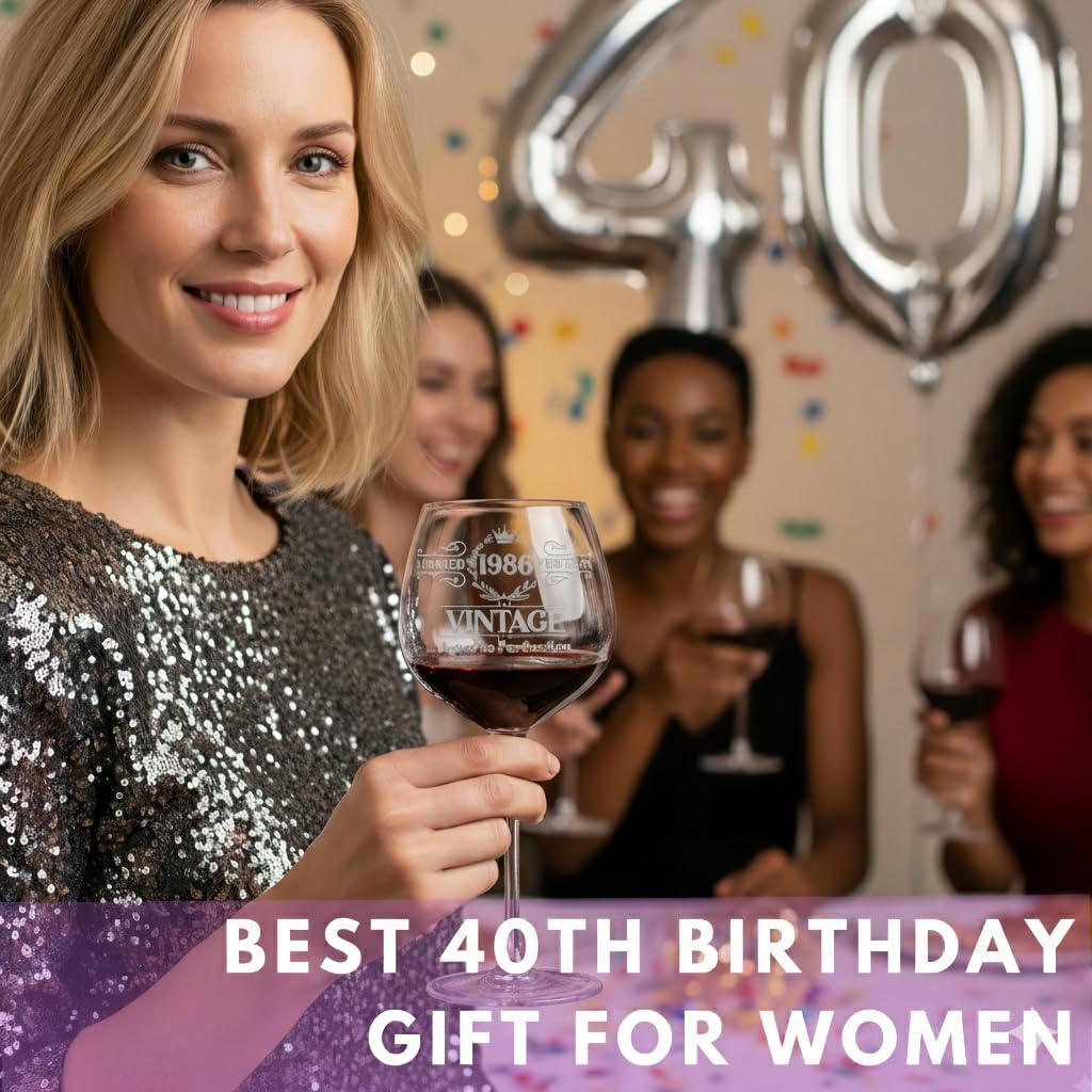 Vintage Engraved Wine Glass - 40th Birthday Gifts Women - 40 Year Old Present For Her - Happy Woman Gift - Forty Ideas for Her - Turning 40 Cup for Wife, Sister, Daughter, Ladies - Image 2