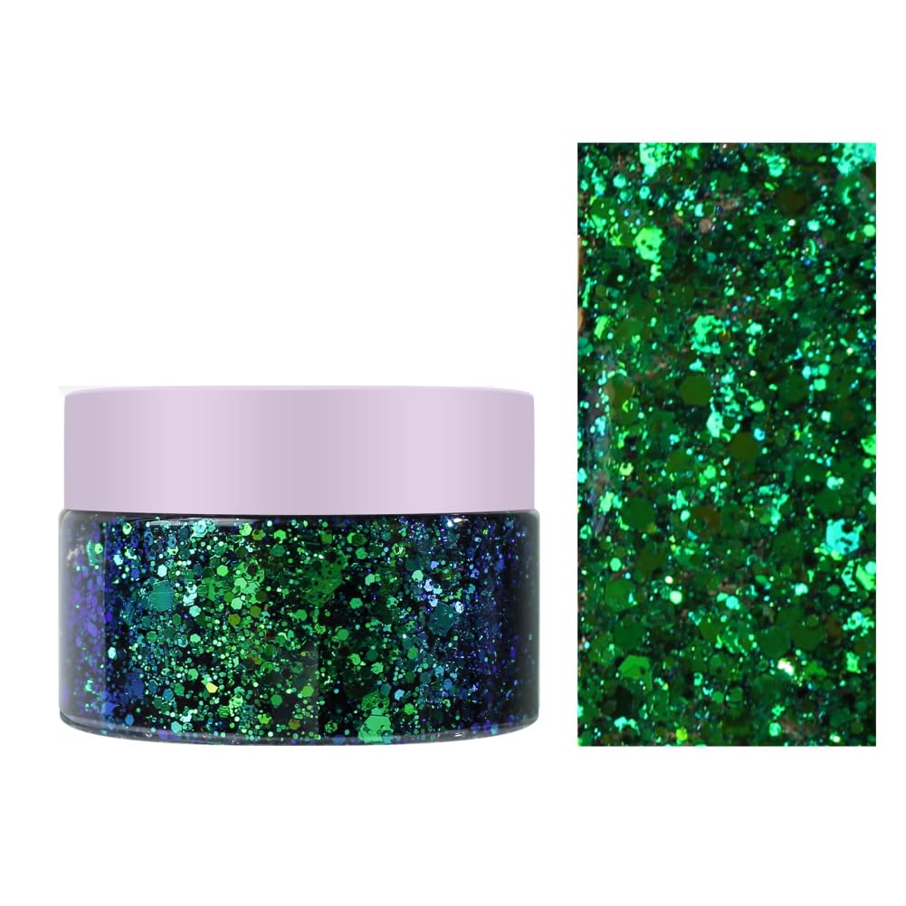 Holographic Face and Body Glitter Gel, Body Glitter Roll On Chunky Glitter Sparkle Makeup Glitter for Makeup Halloween Face Paint (Green)