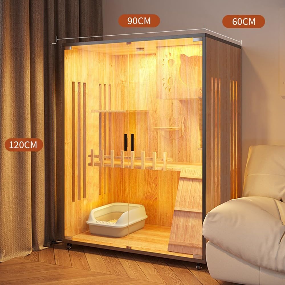 villa per gatti Recinto for gatti grande in legno con luce LED e ruote Per interni(Piccolo)