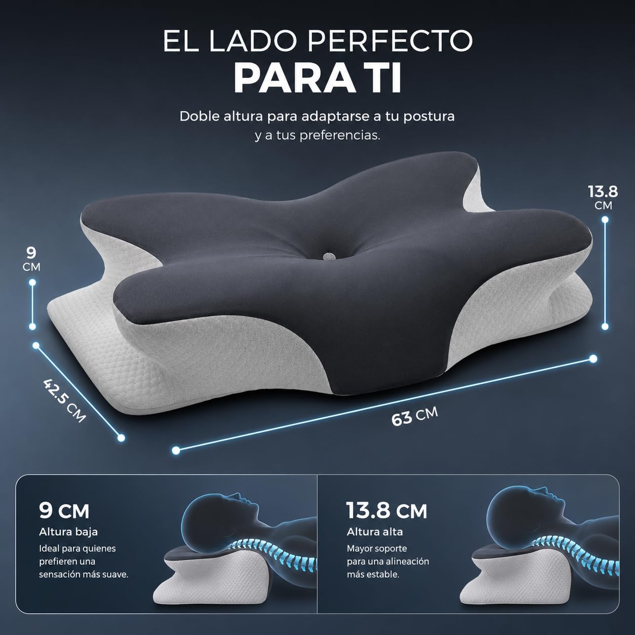 Almohada Cervical y Cuello Viscoelástica Doble Altura - Almohada Ergonómica para Dormir de Lado y Boca Arriba con Hueco para Brazos - Funda Refrescante + Recambio Lavable, Reversible