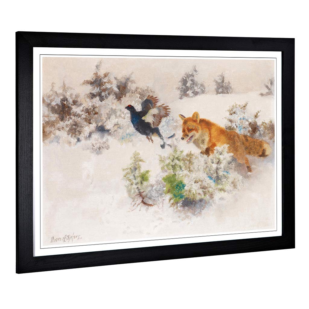 Big Box Art Framed Print of Bruno Liljefors Fox Chasing Bird Design | Wall Art Picture | Home Decor for Kitchen, Living Room, Bedroom, Hallway, Black, A2 / 24.5x18 Inch / 62x45cm