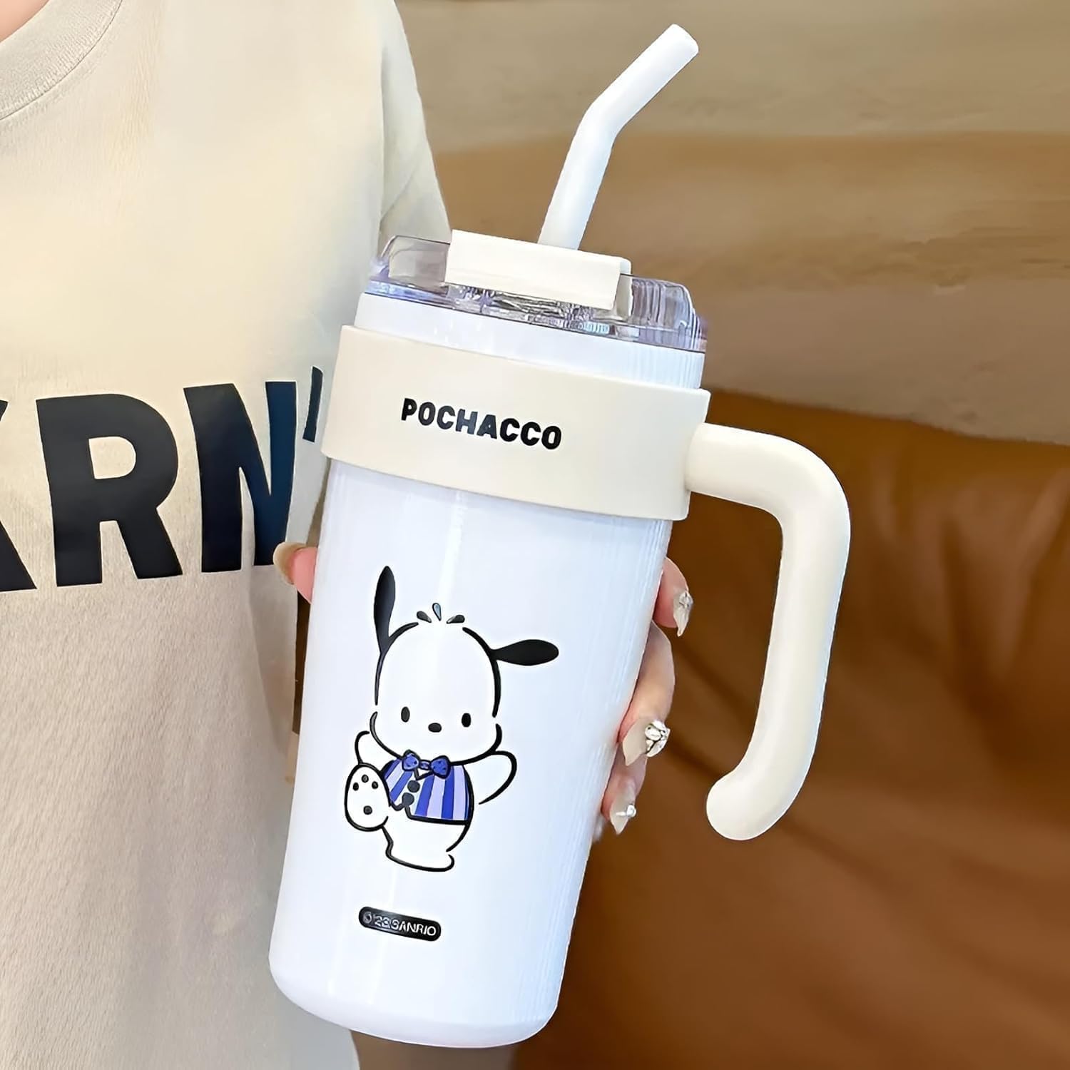 TAGUDA 860ml Cute Straw Tumbler with Handle, Insulated Stainless Steel Cartoon Travel Cup with Lid & Straw, Leak Proof Reusable Drinking Mug for Kids Girls Women (White)