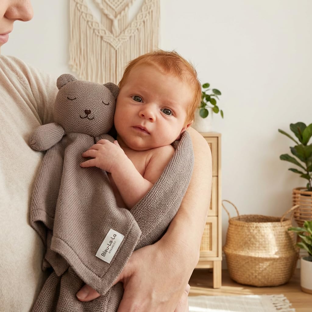 Baby Gift Set - Organic Cotton Newborn Blanket and Lovey Security Blanket Set, Thoughtful Baby Shower & New Baby Gift for Boys & Girls (Lovey - Bear - Milk Chocolate)