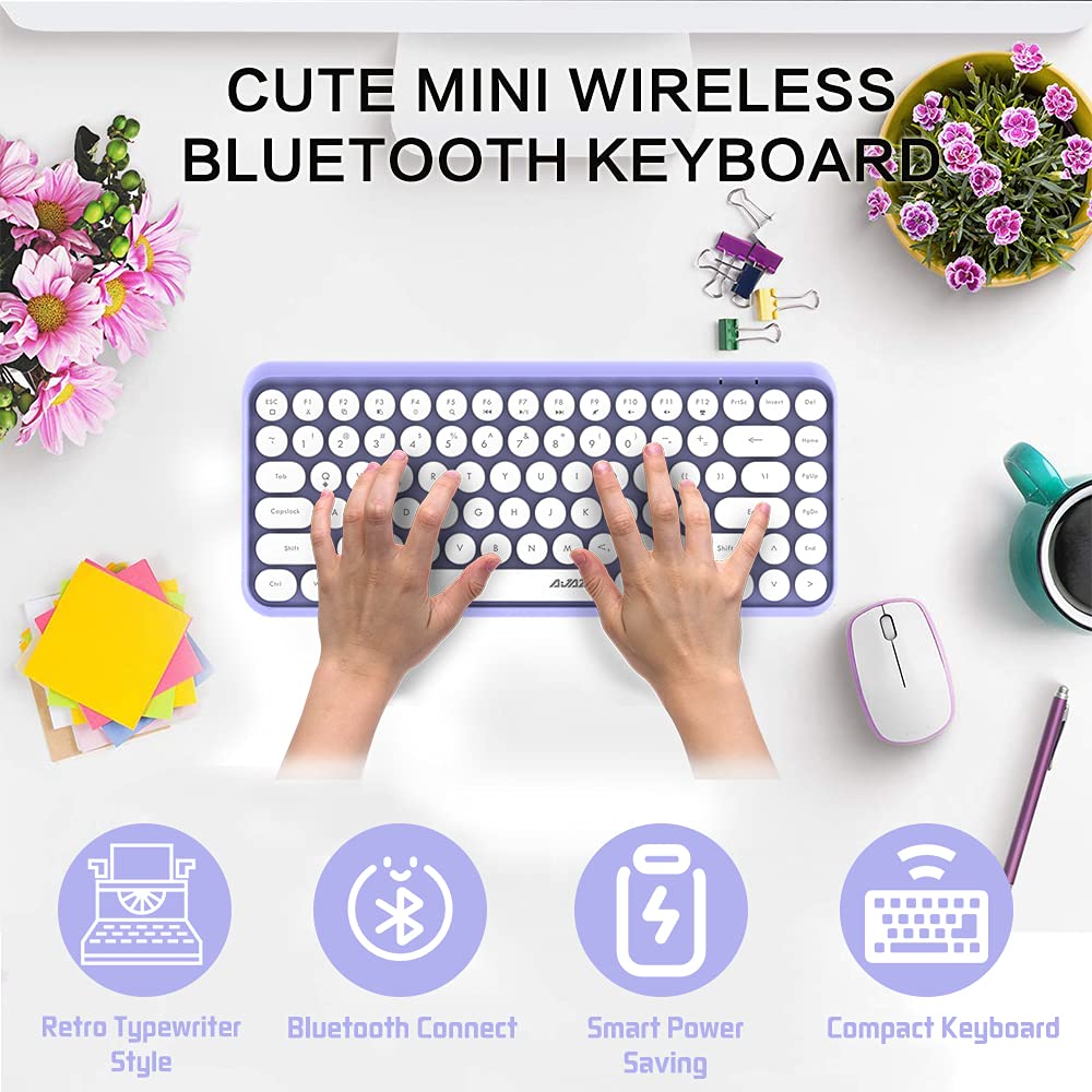 Teclado inalámbrico Bluetooth, lindo mini teclado compacto de 84 teclas, tecnología de conexión inalámbrica Bluetooth de 2.4GHz, tecla ABS retro redonda, panel mate, diseño ergonómico (púrpura)