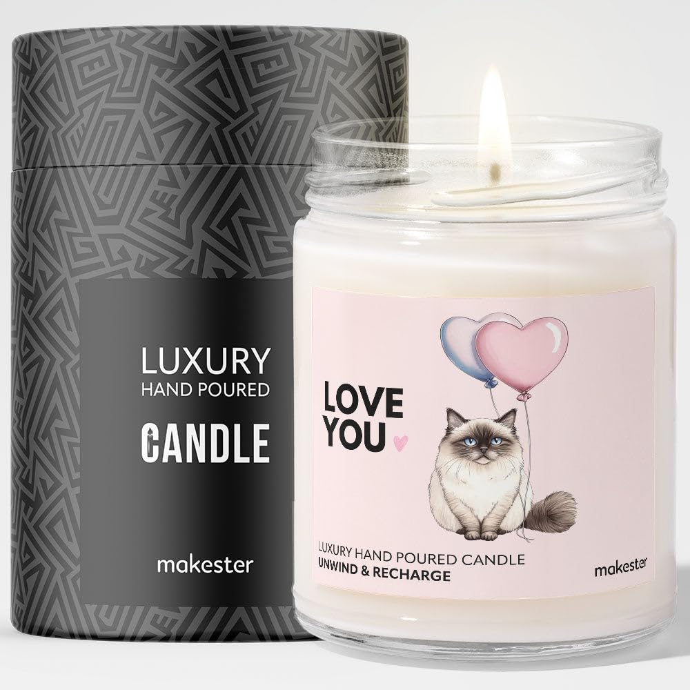 Ragdoll Cat Gifts - Luxury Soy Wax Candle - Vanilla, Jasmine, Sugared Almond - Makester, White