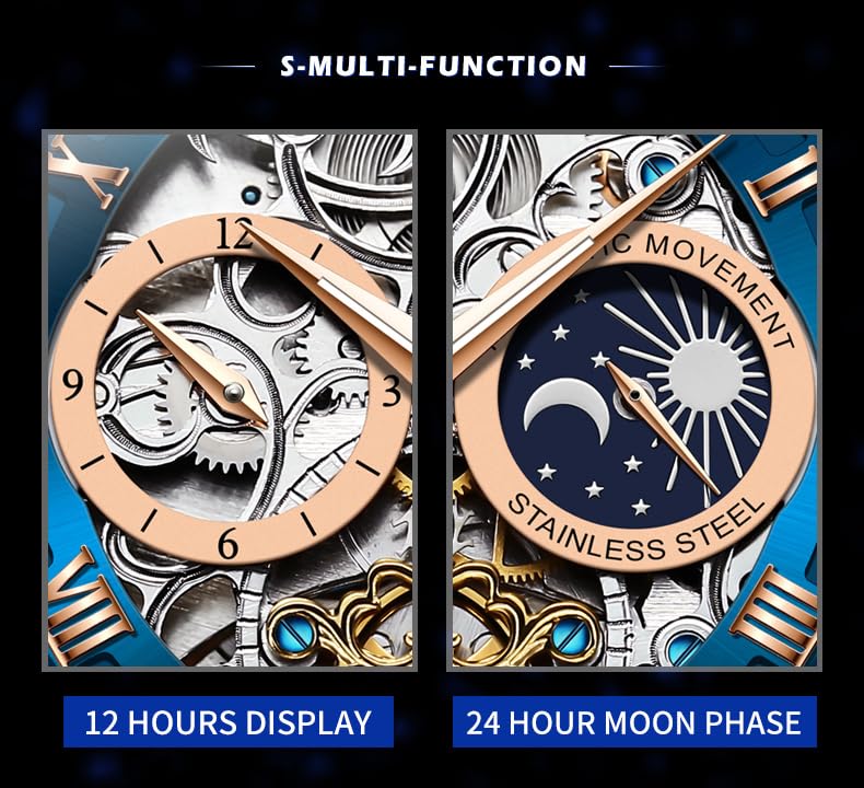 OLEVS Men Skeleton Watch Automatic Winding Moon Phase Dress Luxury Leather Strap Waterproof Luminous Men Wrist Watch - Image 6