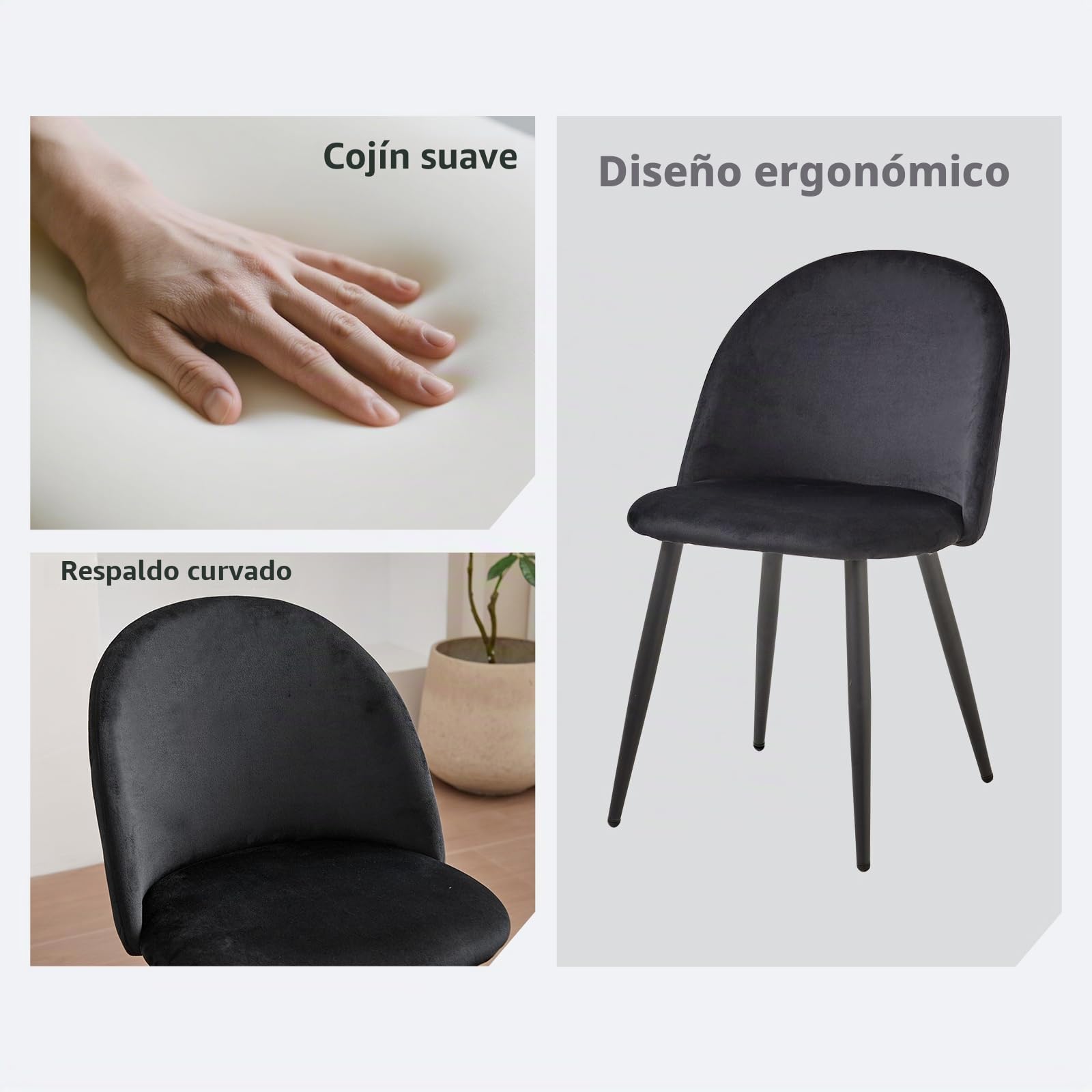 GrandCA HOME Conjunto de Mesa y Sillas de Comedor, Mesa Redonda de 100 cm y 4 Sillas de Terciopelo Nórdico, Ideal para Salón, Comedor y Cocina (Veta de Madera Clara + Negro)