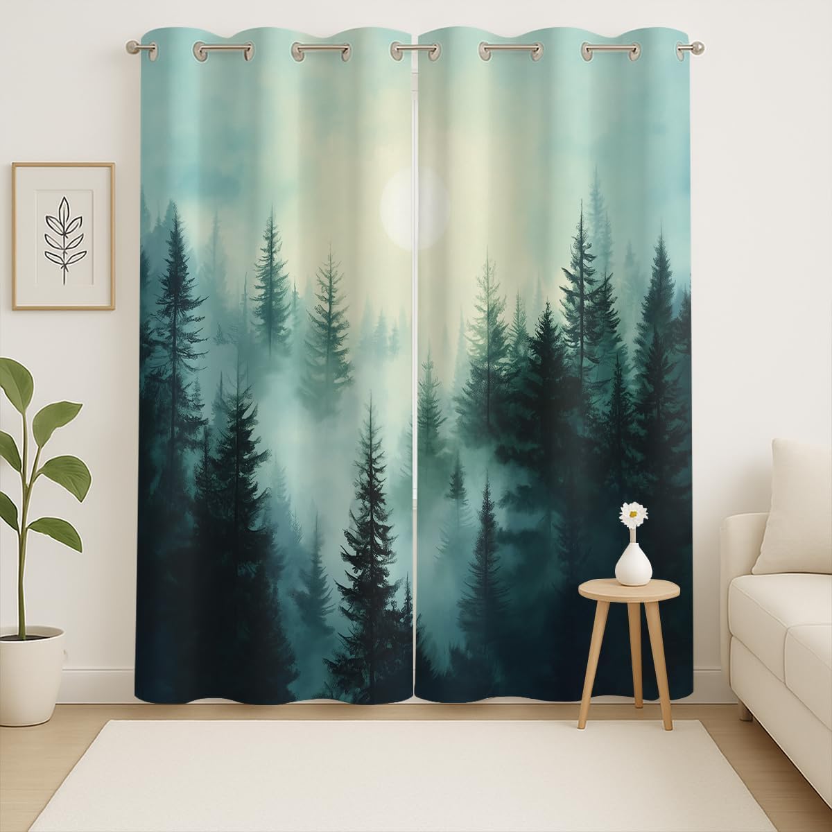 Foggy Forest Blackout Curtains for Girls Boys Kids Home Decor, Green Nature Rustic Sun Misty Woodland Grommet Thermal Insulated Drapes Darkening Window Curtain for Bedroom Living Room, 84 x 84 Inch