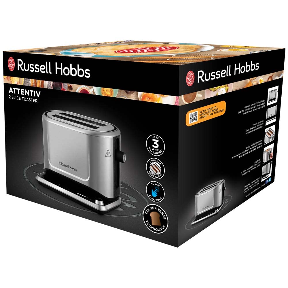 Russell Hobbs Tostapane - 2 fette - Grado di doratura perfetto; Ogni tipo di pane; Automaticoutomatico; Acciaio Inox; Superficie di controllo touch digitale, slot extra larghi, Attentiv 26210-56