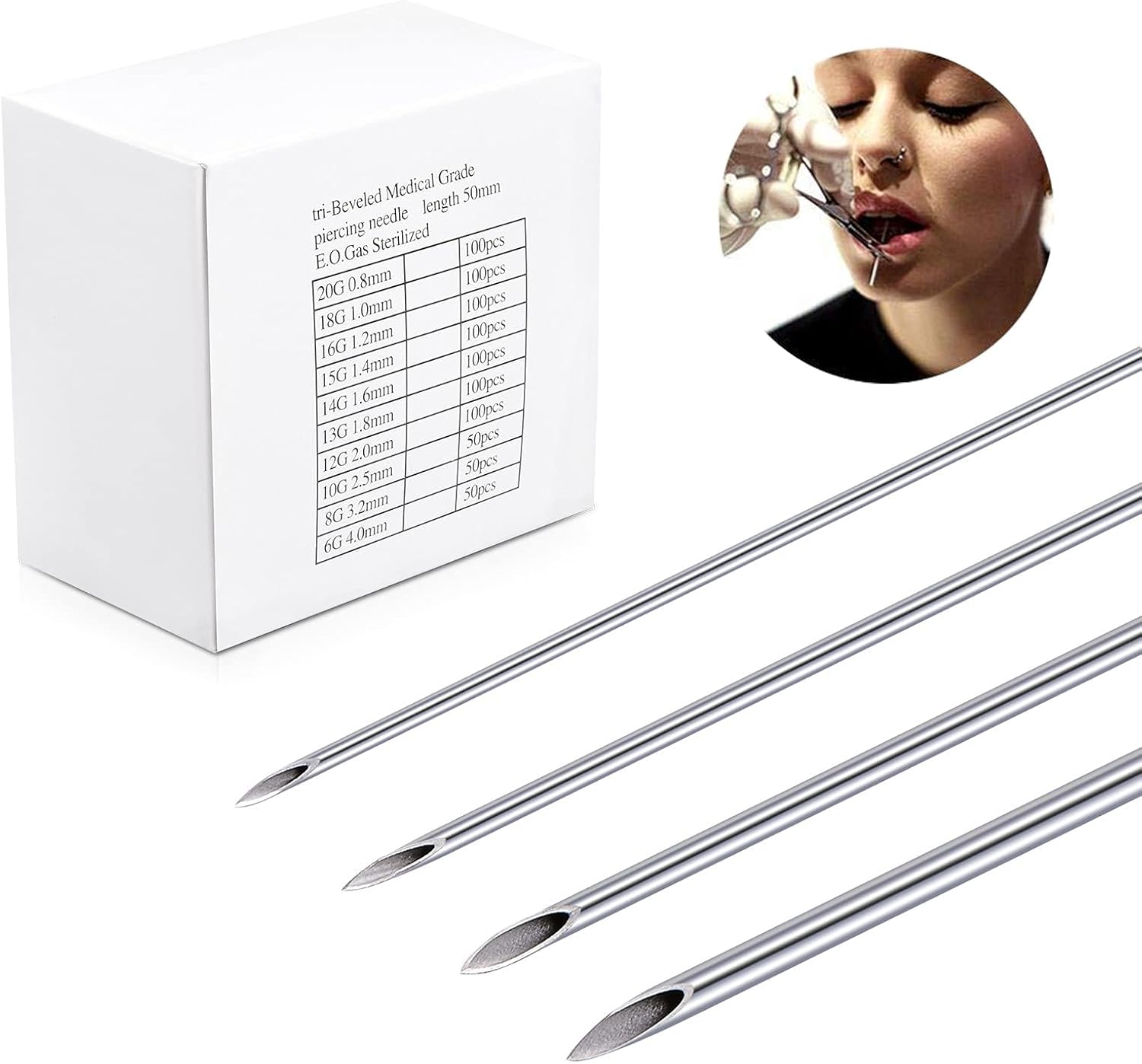 Niusiman 50PCS Mixed Body Piercing Needles, 12G 14G 16G 18G 20G