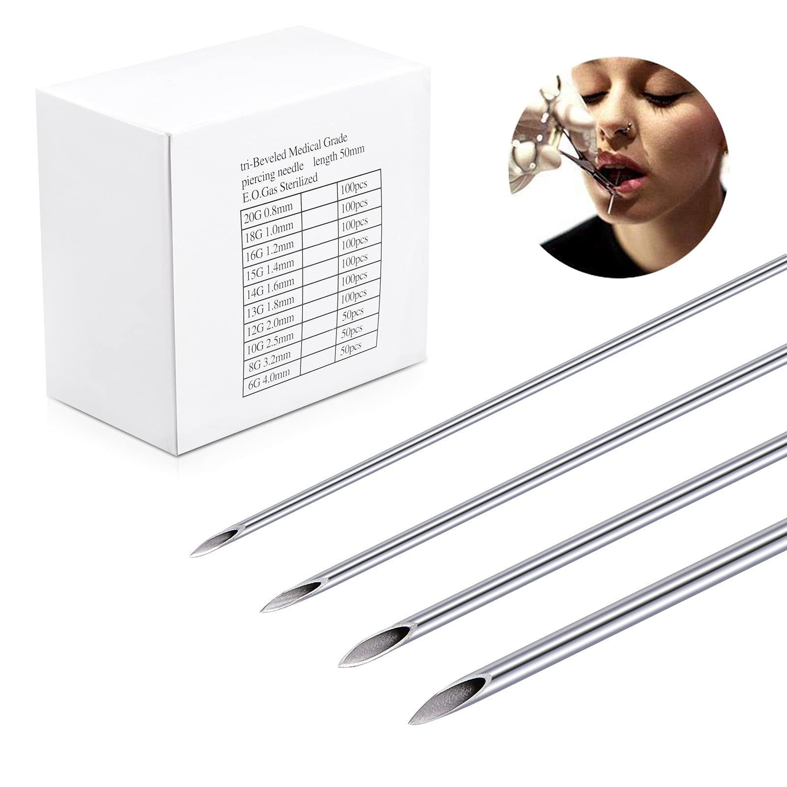 DJCIWDJCIW 100PCS Mixed Body Piercing Needles, 12G 14G 16G 18G 20G Disposable Sterile Stainless Steel Piercing Needles for Ear Nose Navel Belly Tongue Lip Piercing