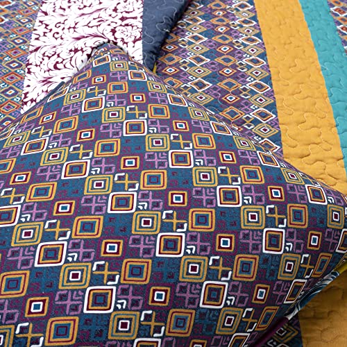 Image of Lush Decor Boho Stripe Reversible Cotton Quilt 3-Piece Set, King, Plum & Yellow - Bold Colorful Bohemian Bedding Set