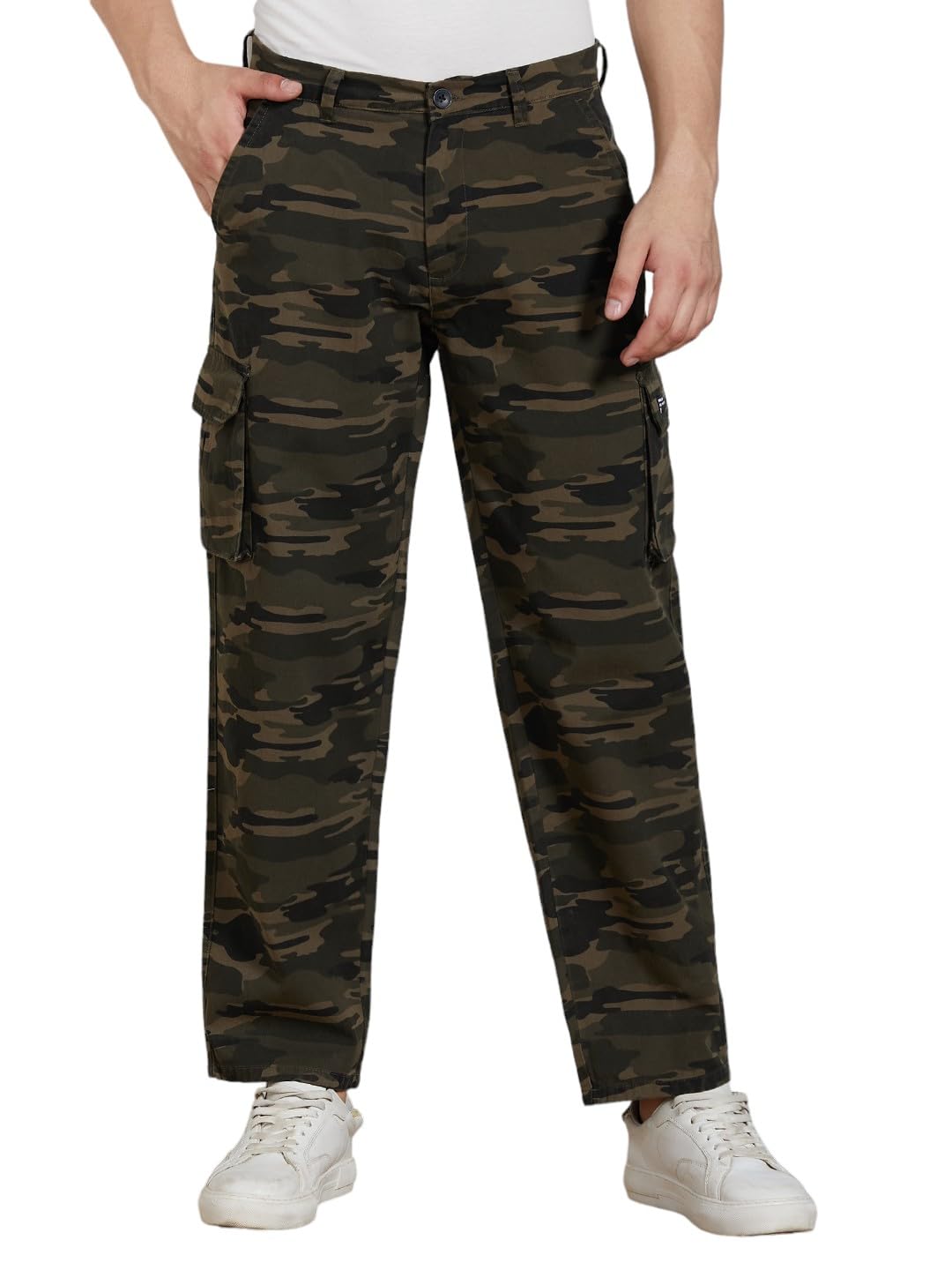 Dennis Lingo Mens Cotton Lycra Mid Rise Relaxed Fit Camo Trousers in neutral