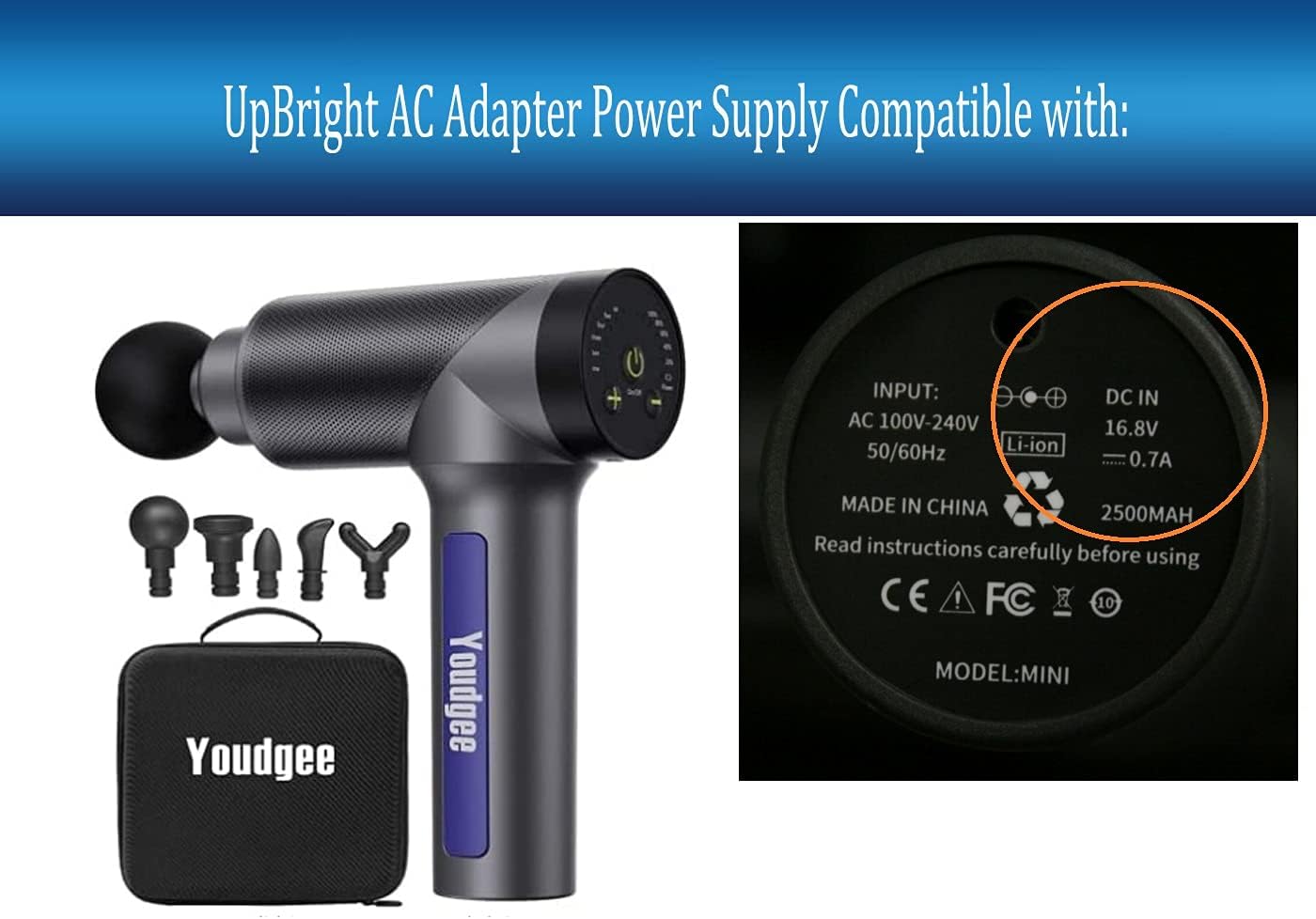 UPBRIGHT 16.8V AC Adapter Compatible with Youdgee H1 Model Mini Muscle Massage Gun Deep Tissue Percussion Massager Sominyu QS-1680800U 14.4V Li-ion Battery 2600mAh DC in 16.8VDC 0.7A 1A Power Charger : Electronics