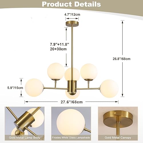Miniatura 2 de BOKT Lámpara Sputnik de 6 luces moderna de globo grande de mediados de siglo, lámpara colgante dorada con vidrio blanco leche para cocina, lámparas