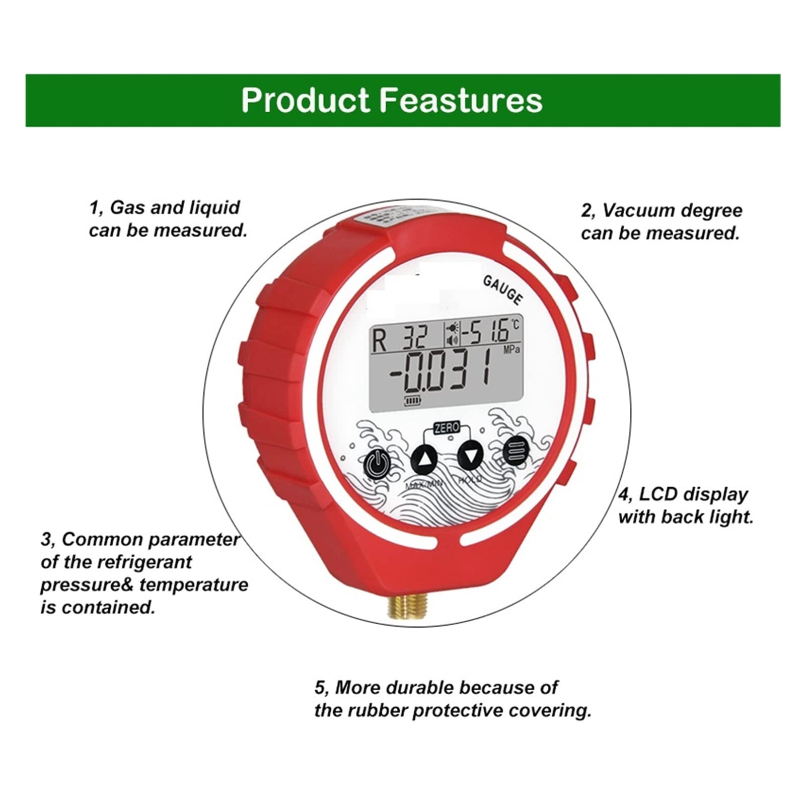 Cyfrowy miernik kolektora, Digital Pressure Gauge Manifold Refrigeration Tester Vacuum Meter HVAC Temperature(YLB-SAB-G50L)