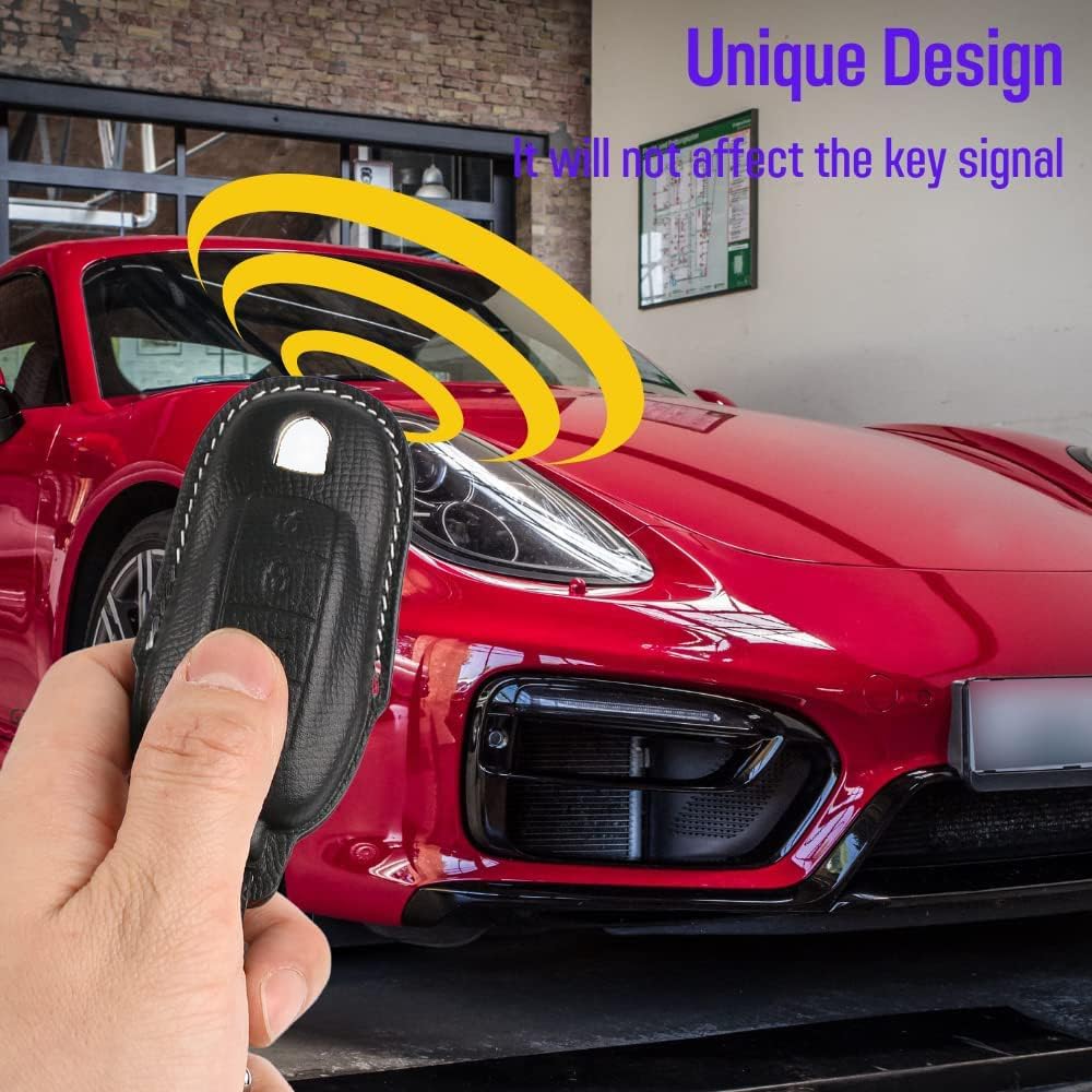 Leather Key Fob Cover，with Keychain Key Shell Case Compatible with Porsche Panamera, Macan, Cayenne, 911, 718（3-Button，Black