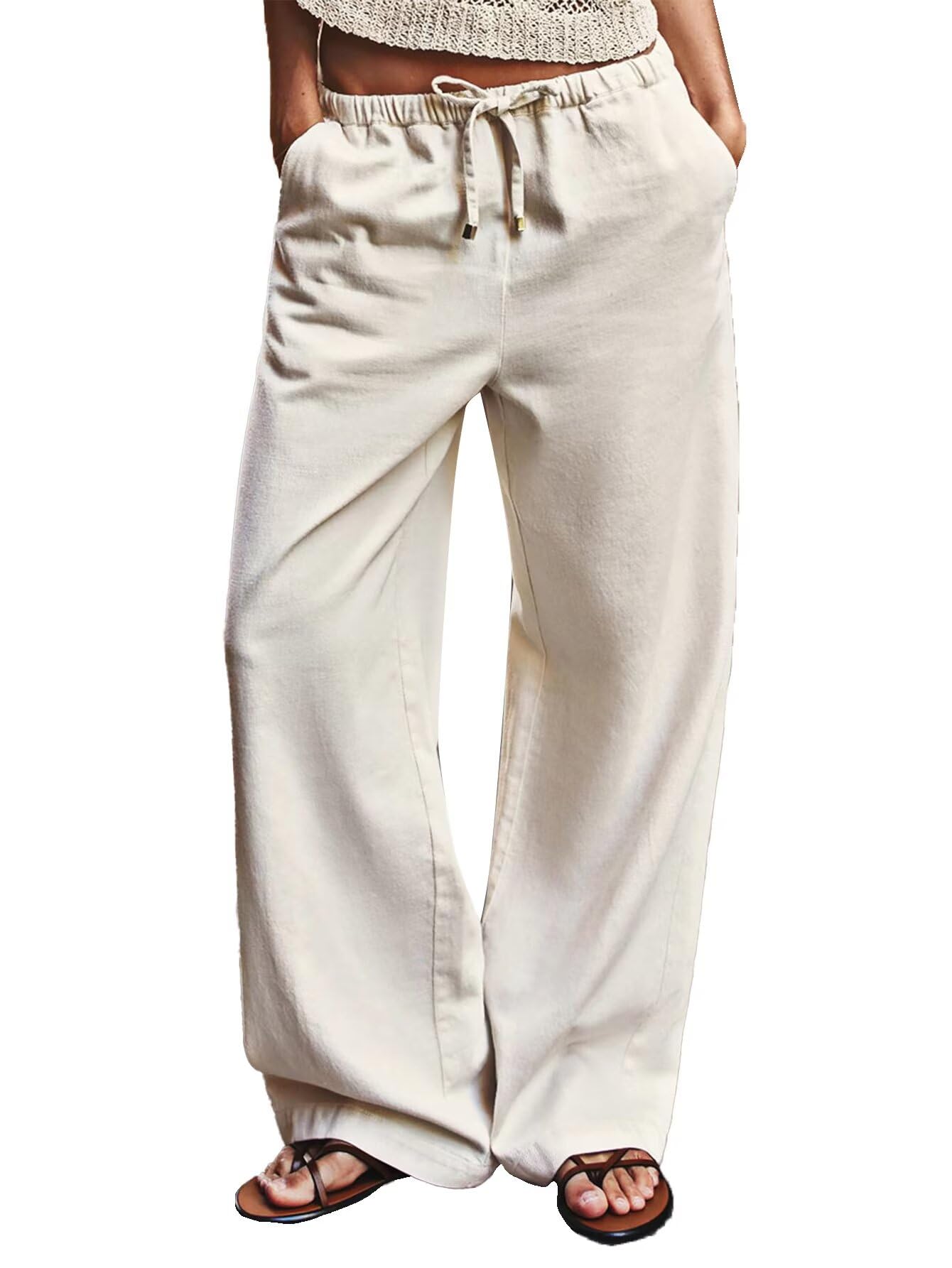 Flamingals Womens Straight Leg Pants Baggy Mid Waist Casual Solid Drawstring Eyelet Waist Slant Pocket Pants