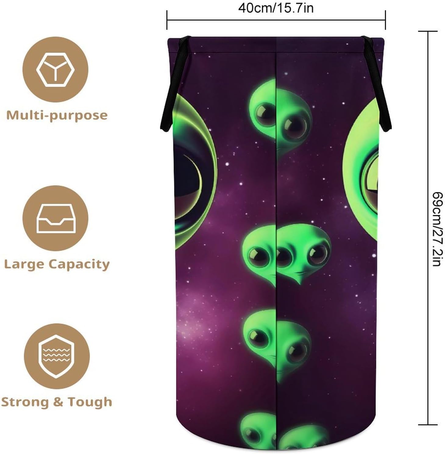 Laundry Basket, Waterproof Laundry Hamper, Green Alien Dirty Clothes Hamper for Laundry Folding for Laundry, Dorm, Family image 2
