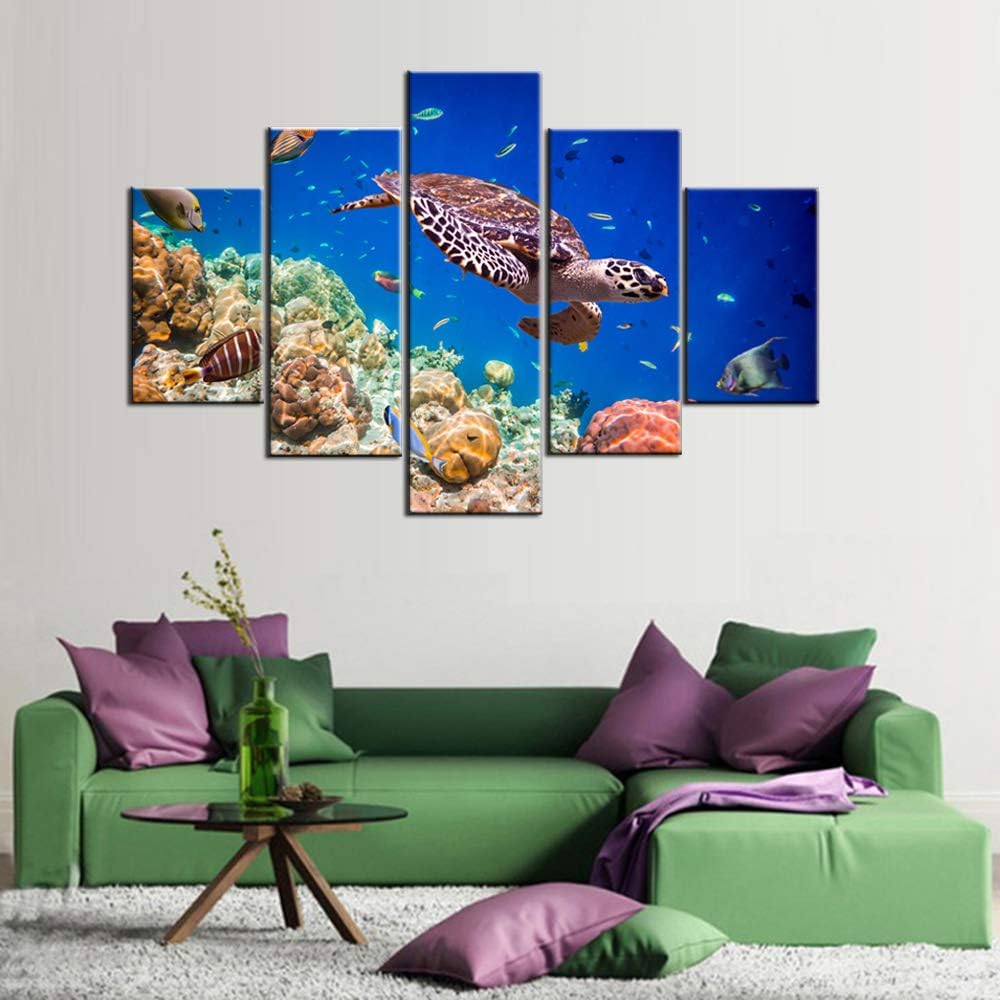 Artwork for Walls Turtle and Tropical Fishes Wall Art Seaview Pictures for Living Room 5 Piece Printed on Canvas Blue Paintings Modern Home Decor Framed Gallery-Wrapped Ready to Hang(60''Wx40''H) 60''WX40''H Artwork-31