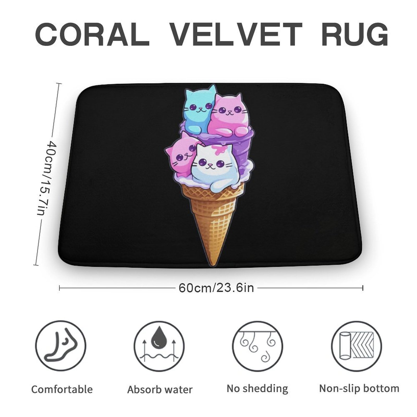 Ice Cream Cat Coral Velvet Rugs Non-Slip Bathroom Rugs Soft Kitchen Rug Floor Carpet for Home Decor 15.7