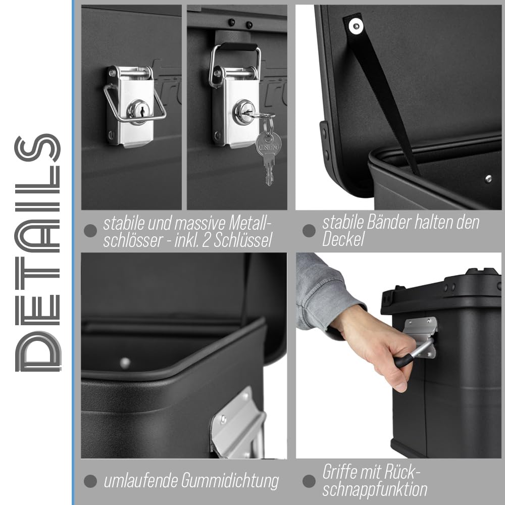Trucky Scatola in alluminio con coperchio, colore nero, in alluminio, per il trasporto, in metallo, richiudibile, dimensioni: 75 l