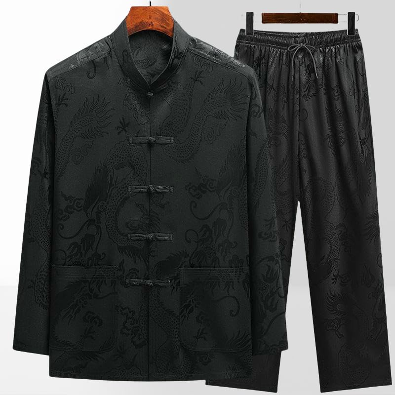 Men's Spring/Summer Tang Suit Ice Silk Long Sleeve Vintage Style Hanfu Morning Exercise Set2