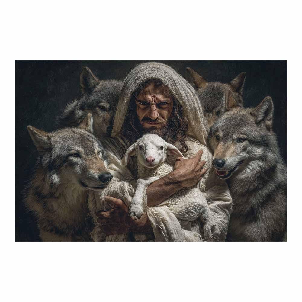 ZAMAEIU Jesus Christ Classic Painting Style Encircling thes lambs Religious Figure Wall Art Print,Room Decor for living room, bedroom, church, hospital(white)-50x70cm Unframed