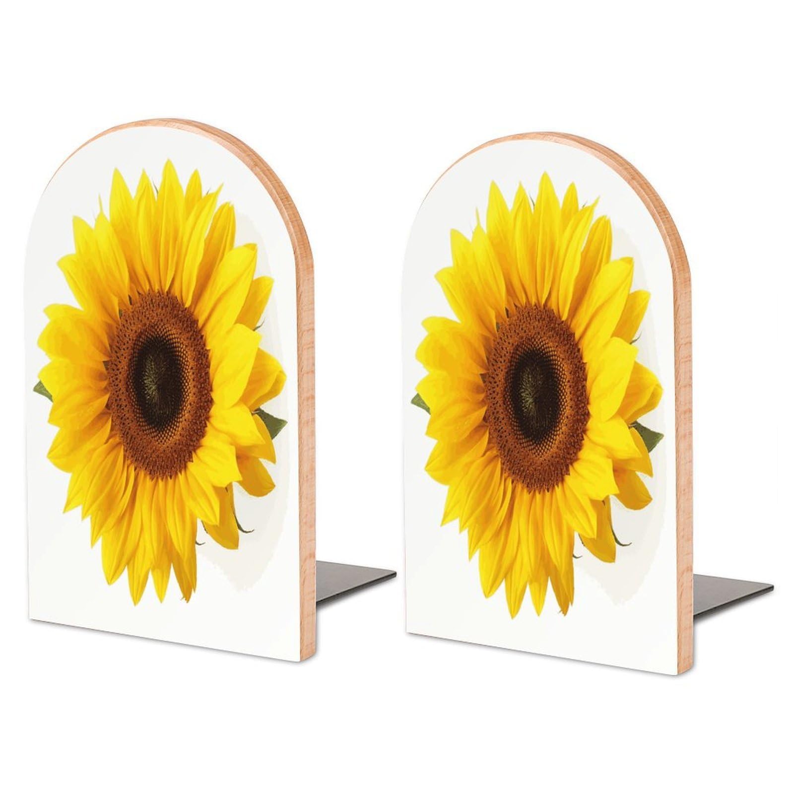 Large Sunflower Isolated Book End with Metal Base Fashion Heavy Duty Bookend Exquisite Wooden Bookends Non-Skid Book Stopper for Shelves Books Organizer for Office Home 1 Pair