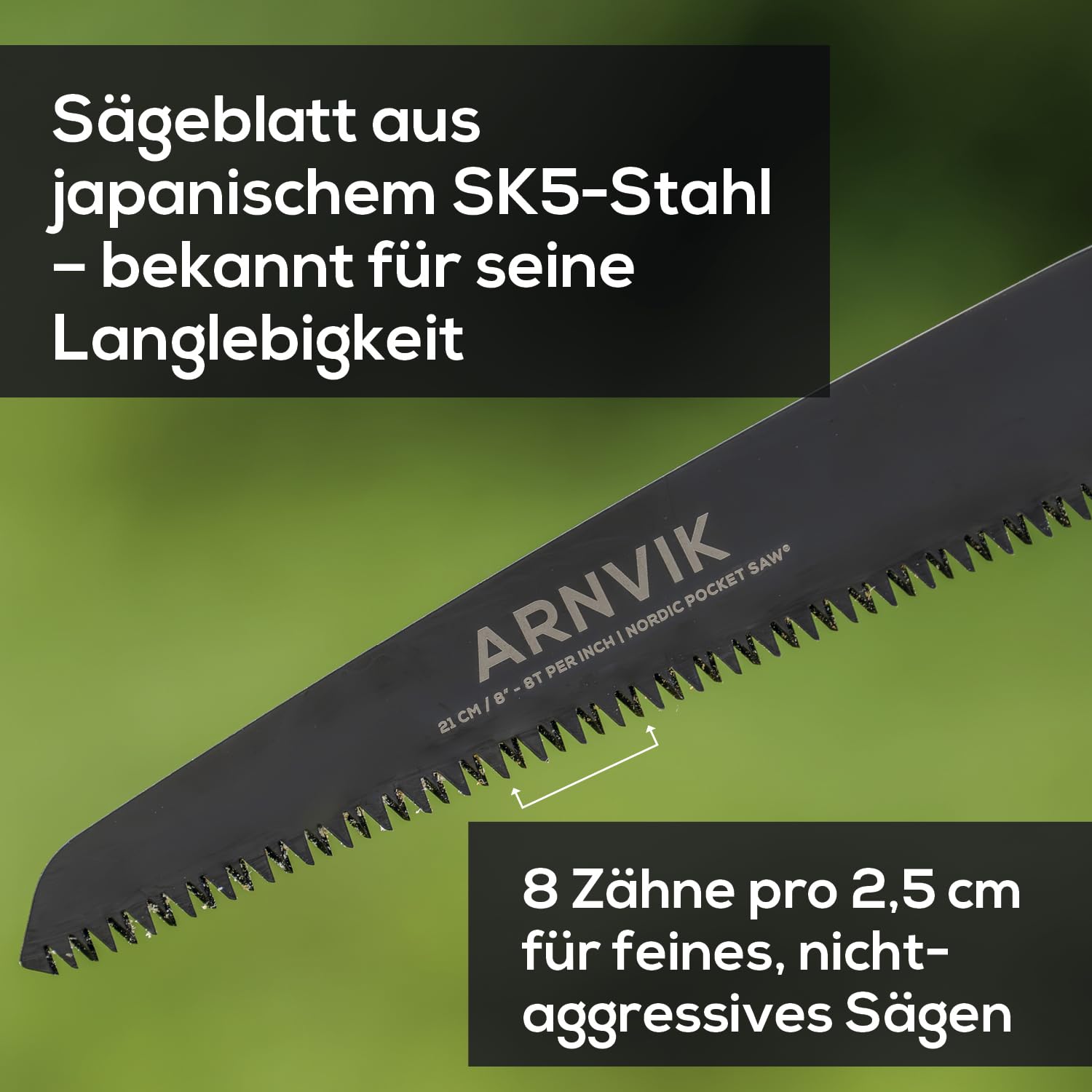 Nordic Astsäge für Gartenarbeit & Klappsäge Outdoor Bushcraft – Arnvik – 8 Zähne pro 2,5 cm – 21 cm Gehärtetes SK5-Stahlblatt – Handsäge Holz für Bäume in Ihrem Garten oder Brennholz beim Camping