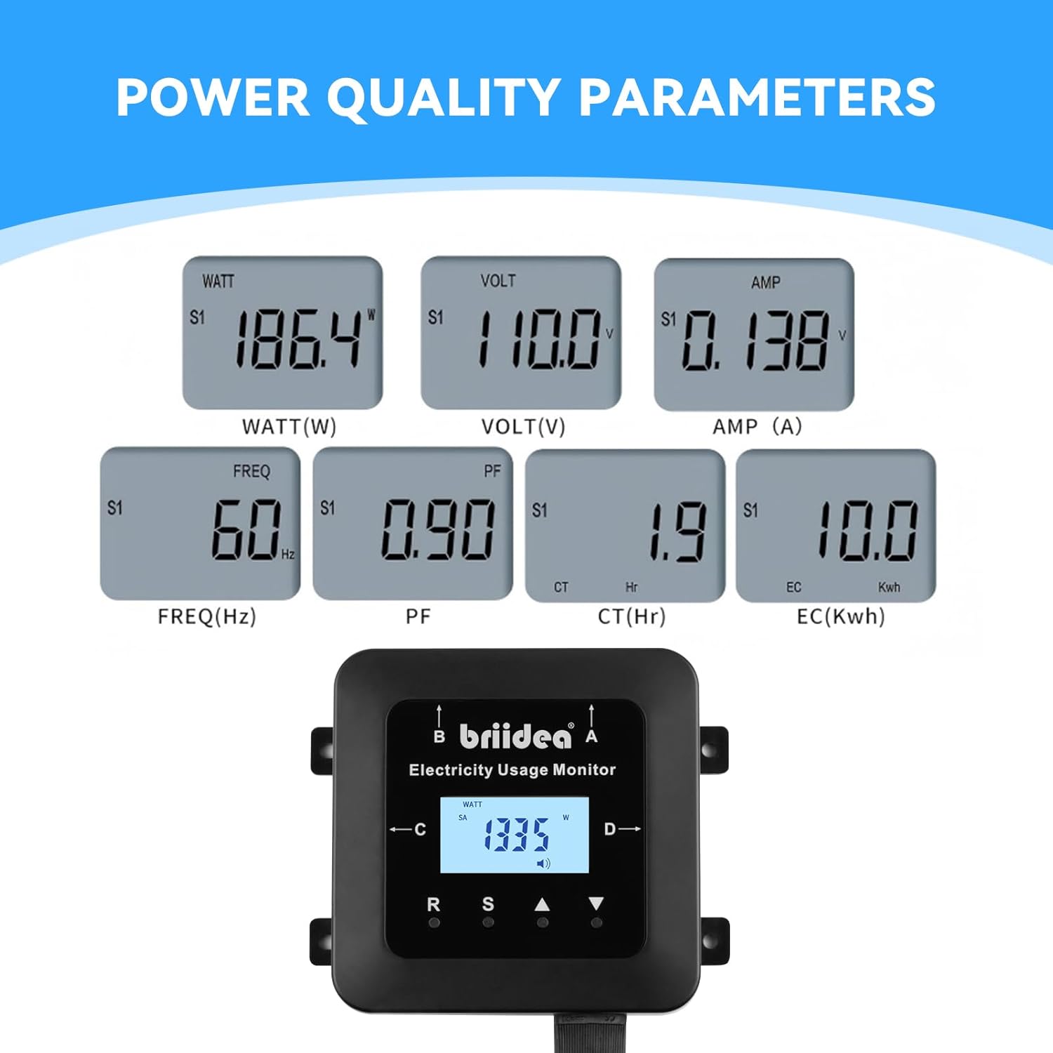 briidea Electricity Usage Monitor, 4-Outlet Power Consumption Watt Voltage Amp Meter Tester, Real-Time Energy Analyzer with Backlit LCD, Overload Alerts, Memory Function for Home Appliances 4 61kkf0aKQGL. AC SL1500