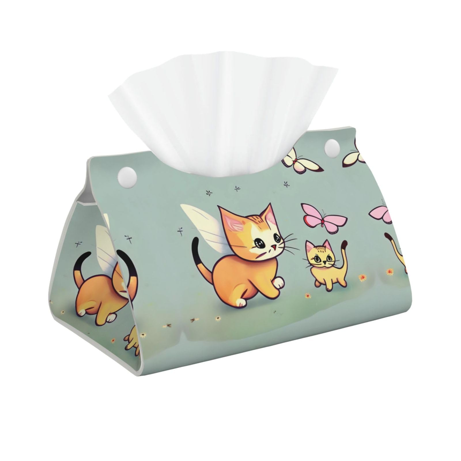 Kitten Butterfly Print Long Tissue Box Cover Holder Foldable Leather Organizer for Vanity, Nightstand, Desk & Bathroom