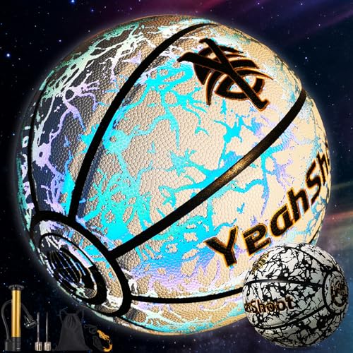 YeahShoot Reflective Basketball Size 7-Cool Holographic Glow Basketball for Night Game Ideal Gift for Cool Teen Toys Suitable for Various Sports Fields (White Size 7/29.5)