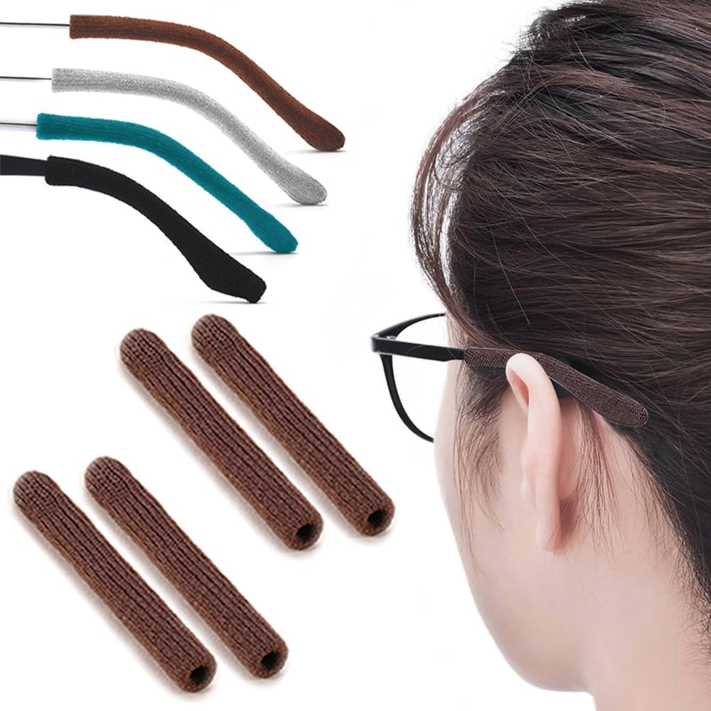 Cotton Glasses Ear Cushion, Anti-Slip Eyeglasses Temple Tips, 2 Pairs Brown