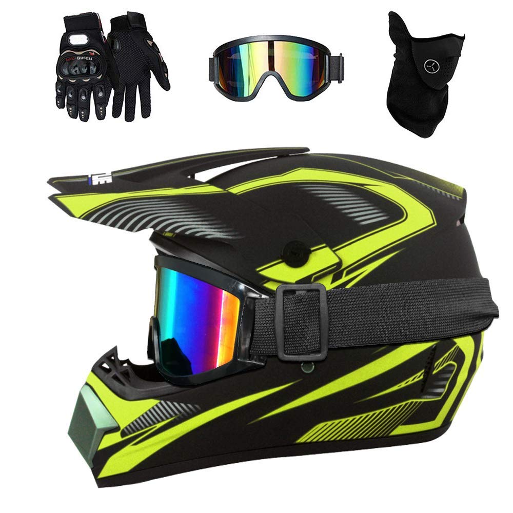 Dual Sport Full Face MTB Motocross Helmet Set, with Goggles Gloves Mask, Youth Kids Off Road ATV Motorbike Crash Helmet, Downhill BMX Enduro Quad Dirt Bike Helmet for Boy Girl ( Color : Yellow , Size