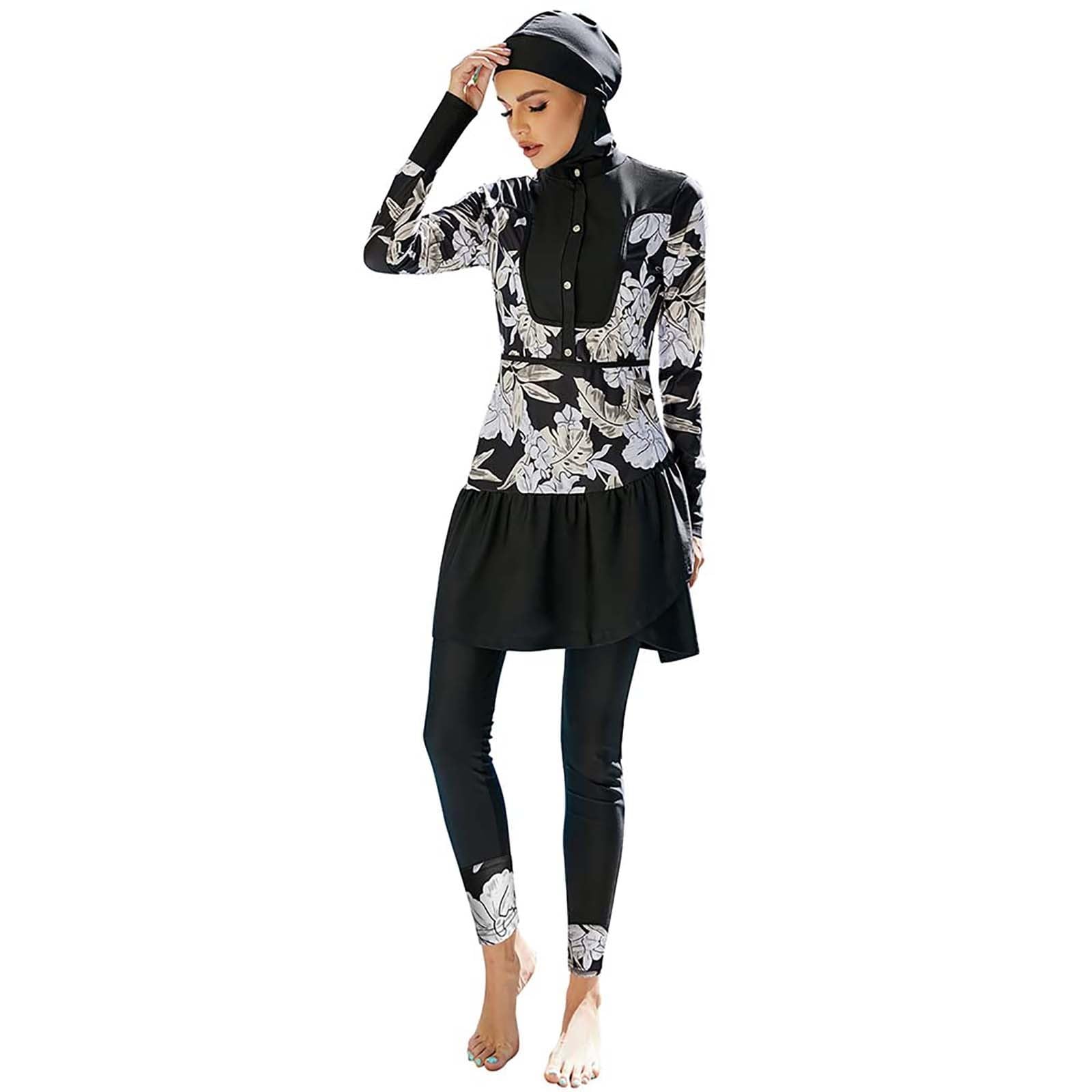 Costume da bagno musulmano da donna, stile burkini, a maniche lunghe, con reggiseno integrato + pantaloncini da bagno + hijab, 3 pezzi, copertura completa, traspirante, sportivo, set a maniche