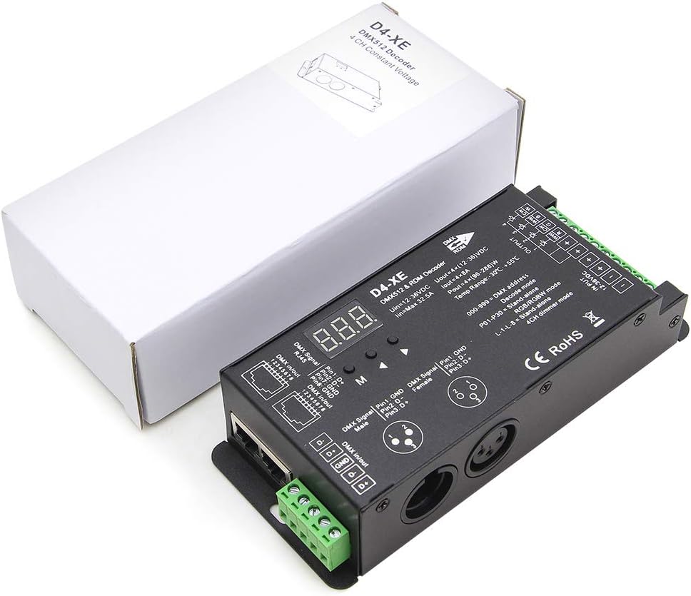 Novabright Regis 4CH D4-XE 32A PWM Flicker Free Smooth Dimming 12V-36V Digital Display 8000Hz for RGBW LED Lights 8A/CH Premium DMX Decoder High-Performance Lighting Control