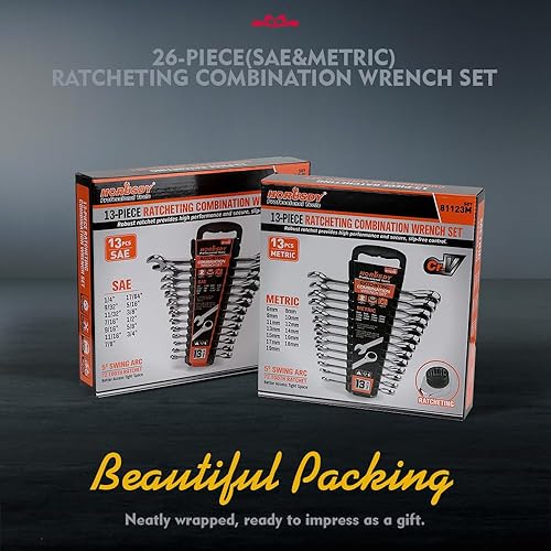 Miniatura 6 de HORUSDY Juego de llaves de trinquete de 26 piezas, métricas y SAE, juego de llaves combinadas de trinquete con organizador, 72 dientes, acero al