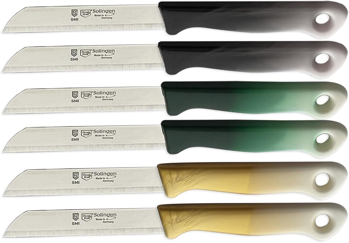 6 Pcs Paring Knife Set Serrated Solingen Germany Vegetable Knife Fruit Kitchen Knife Flexible, (color 2 black 2 gold 2 green)