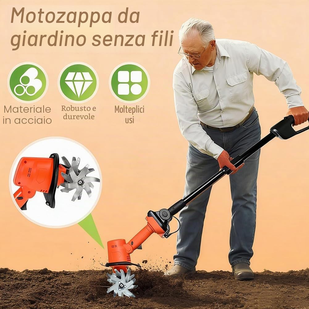 Motozappa senza fili da 21 V per giardinaggio, motozappe elettriche e coltivatori, rotavatore a batteria, scarificatore da giardino per prati, 360 giri/min, larghezza di lavorazione 12,7 cm