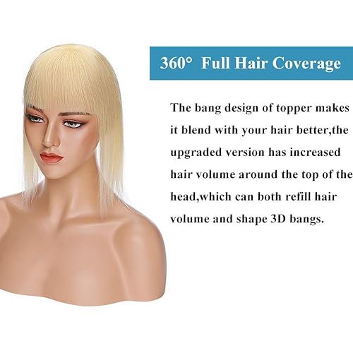 Miniatura 10 de MY-LADY Toppers para el cabello humano real para mujer, adornos de cabello humano con flequillo para mujer, 3.3 x 3.3 pulgadas, base de seda para