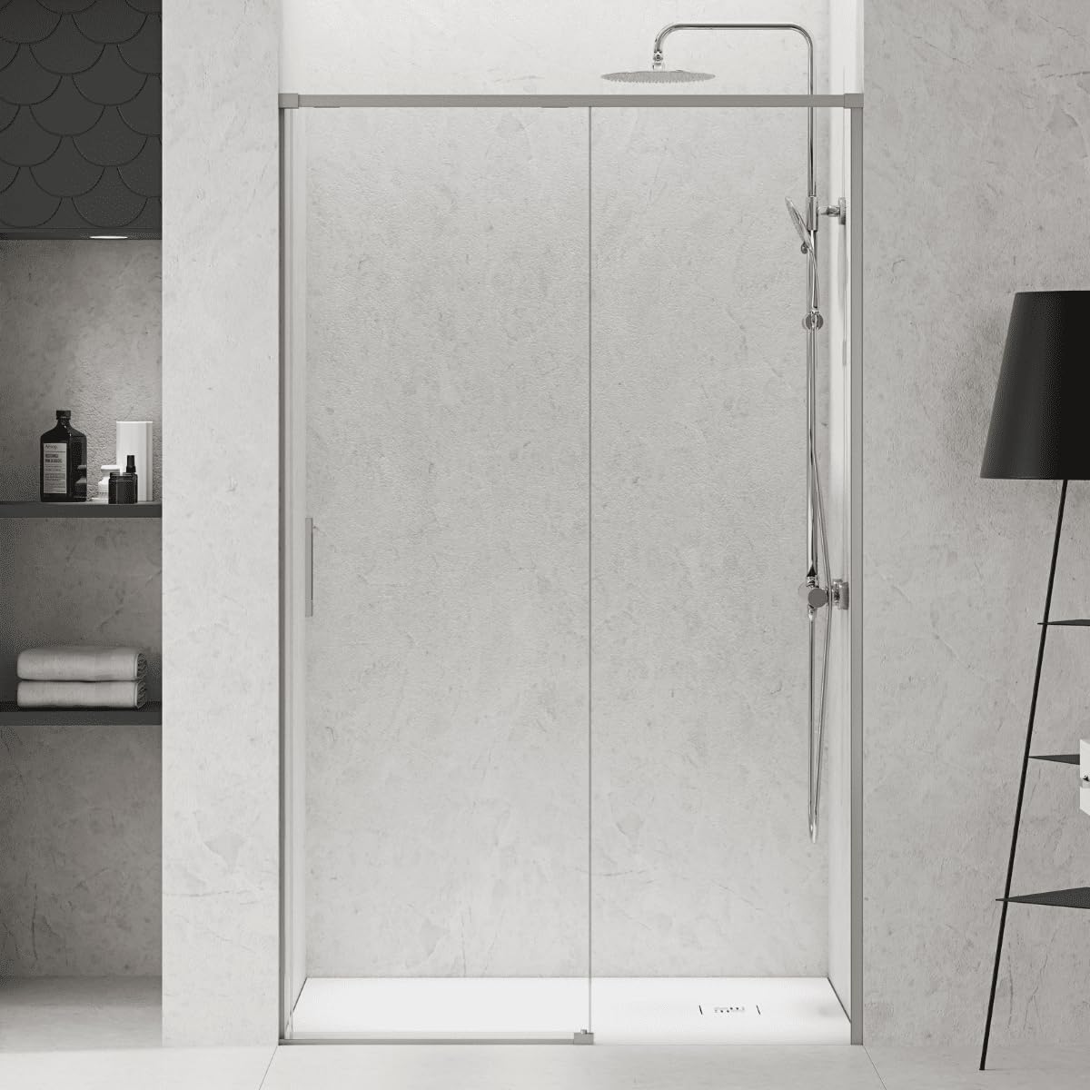 Mampara Ducha Frontal 1 puerta 1 fijo Corredera | Vidrio Templado 6mm Antical Transparente | Perfil Acero Cepillado 160 cm (Adaptable 155,1-160cm)