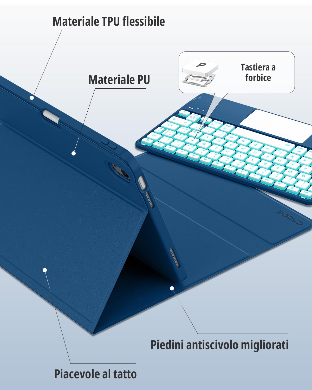 CACOE Cover con Tastiera per iPad 11 Gen (A16) 2025 11" / 10 Gen 2022 10.9" Touchpad Wireless Staccabile, Illuminazione 7 Colori, Mare Blu